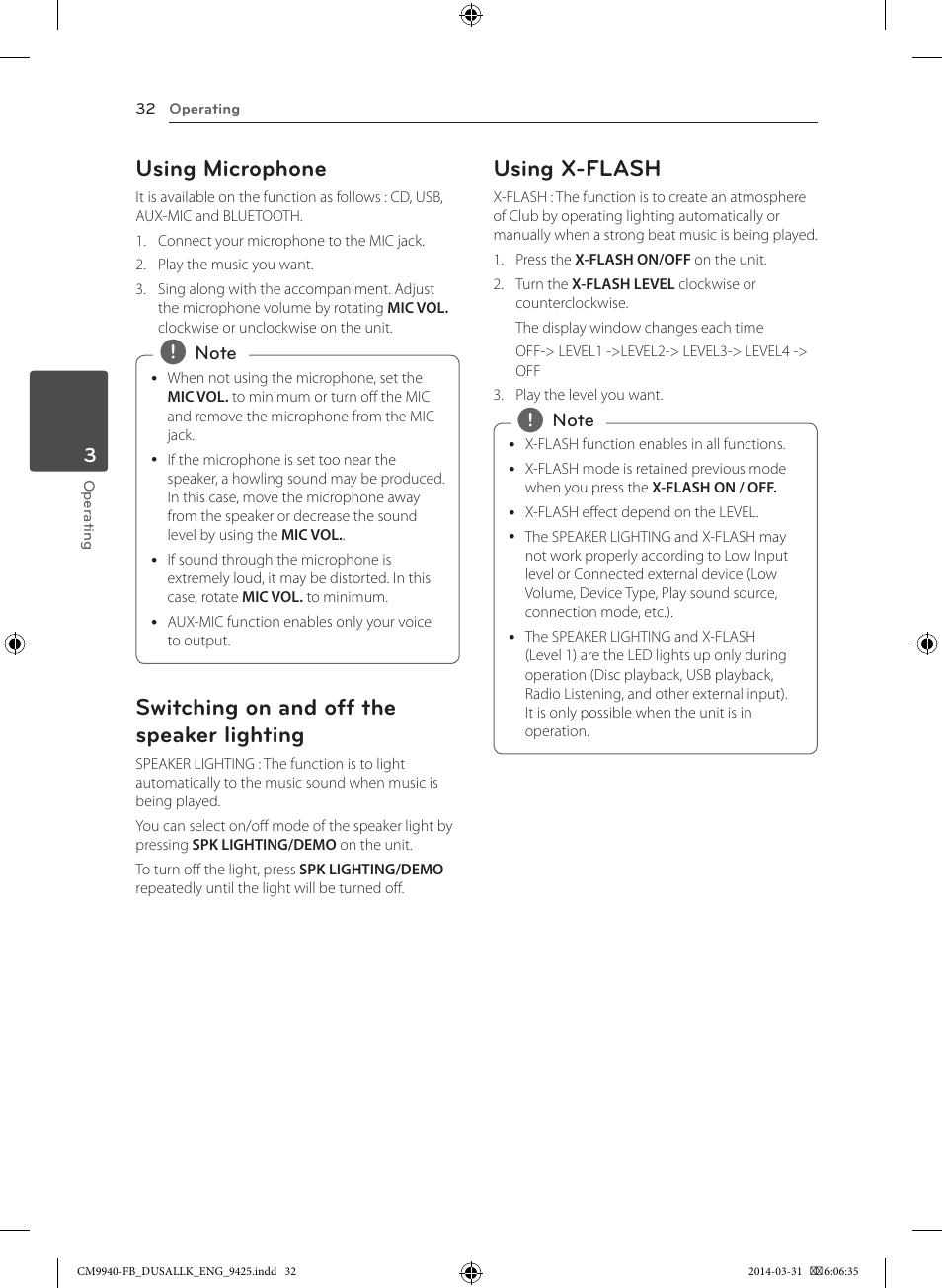 Using microphone, Switching on and off the speaker lighting, Using x-flash | LG CM9940 User Manual | Page 32 / 44