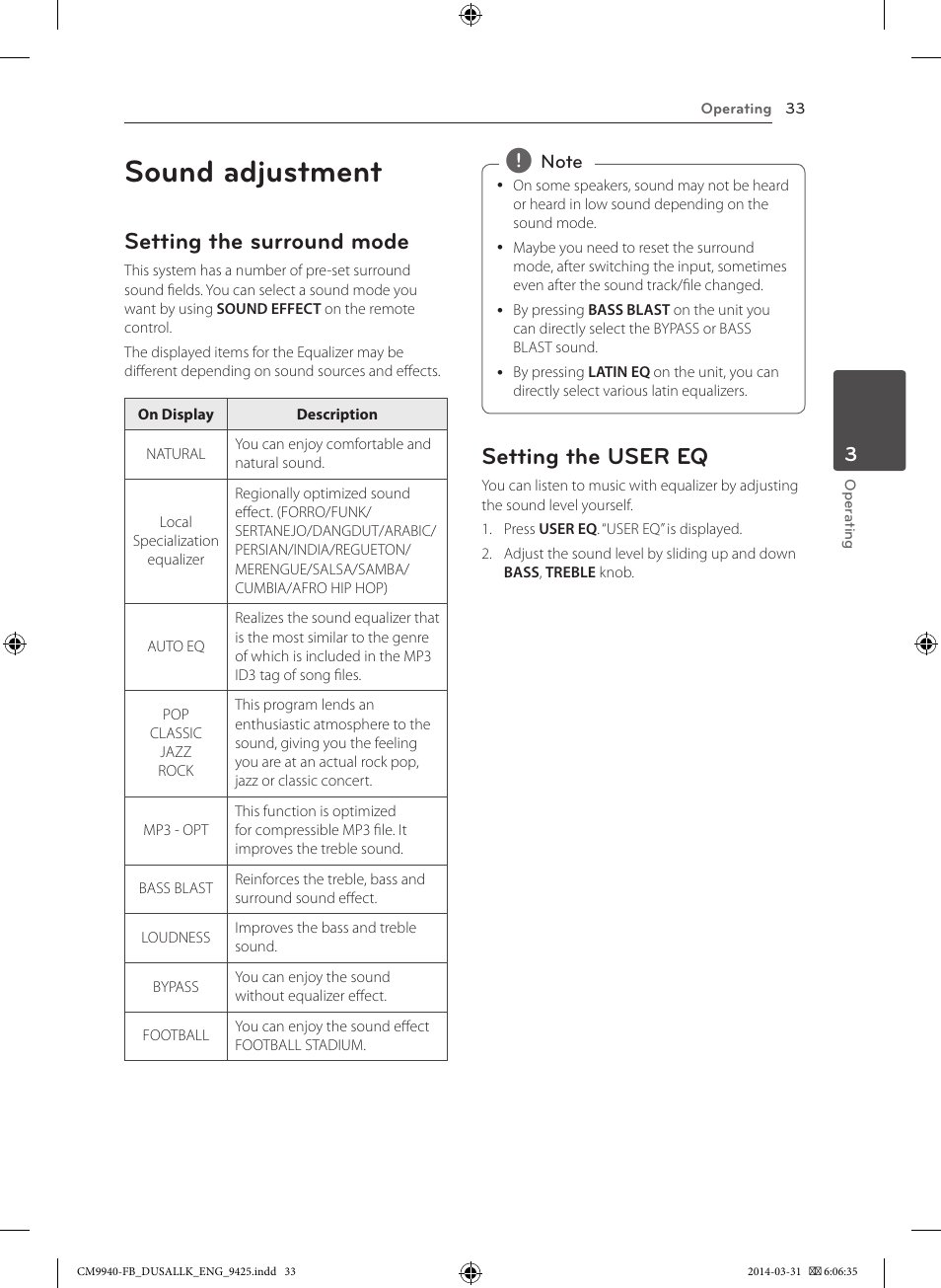 Sound adjustment, Setting the surround mode, Setting the user eq | LG CM9940 User Manual | Page 33 / 44