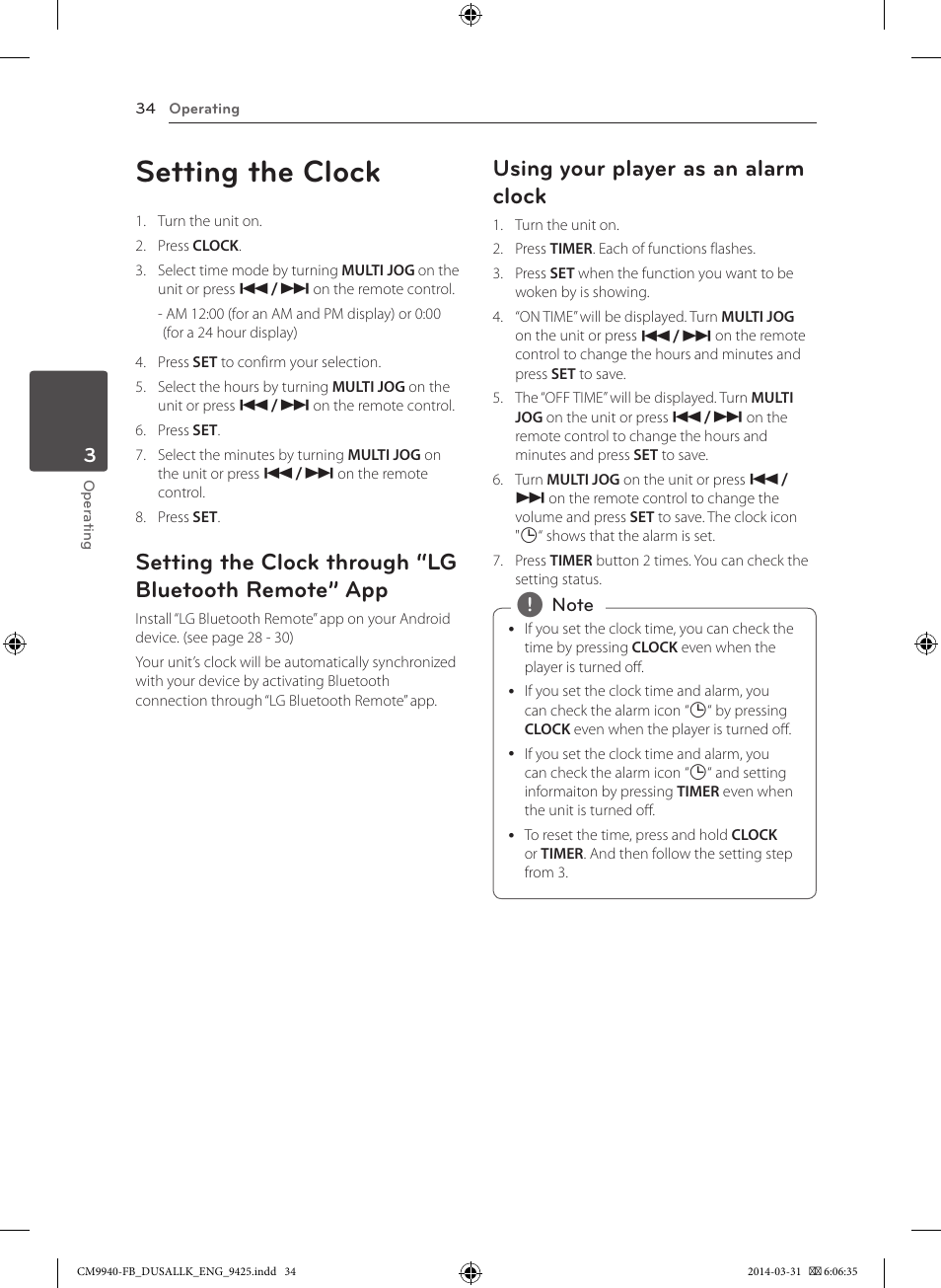 Setting the clock, Using your player as an alarm clock | LG CM9940 User Manual | Page 34 / 44