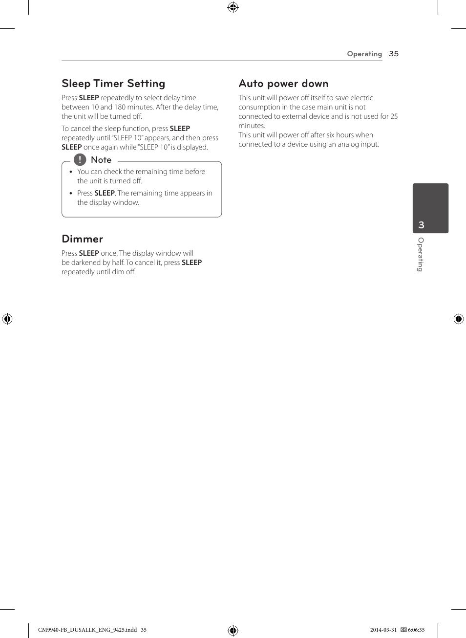 Sleep timer setting, Dimmer, Auto power down | LG CM9940 User Manual | Page 35 / 44