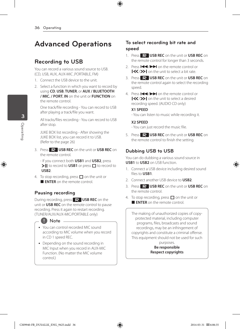 Advanced operations, Recording to usb | LG CM9940 User Manual | Page 36 / 44