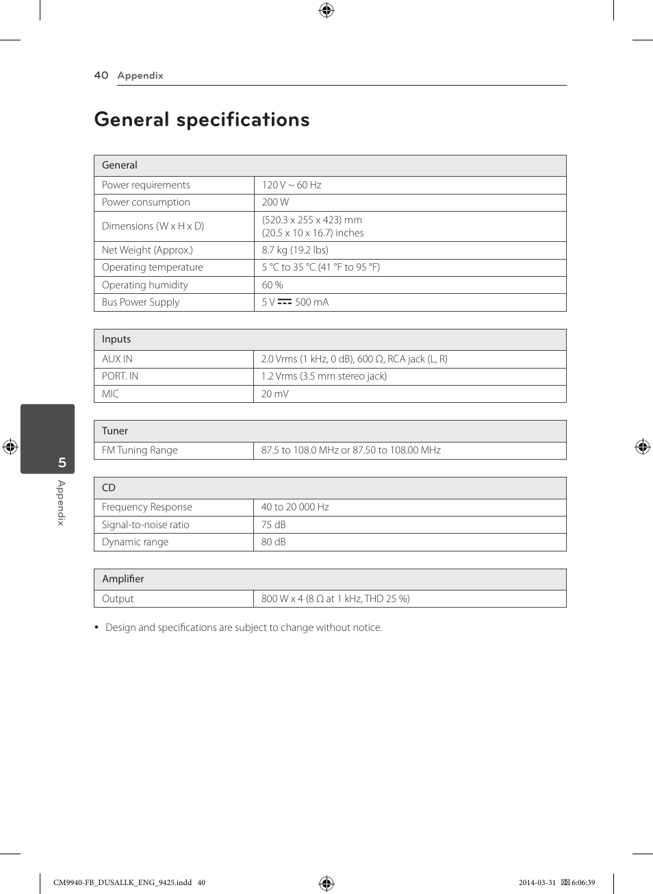 General specifications | LG CM9940 User Manual | Page 40 / 44