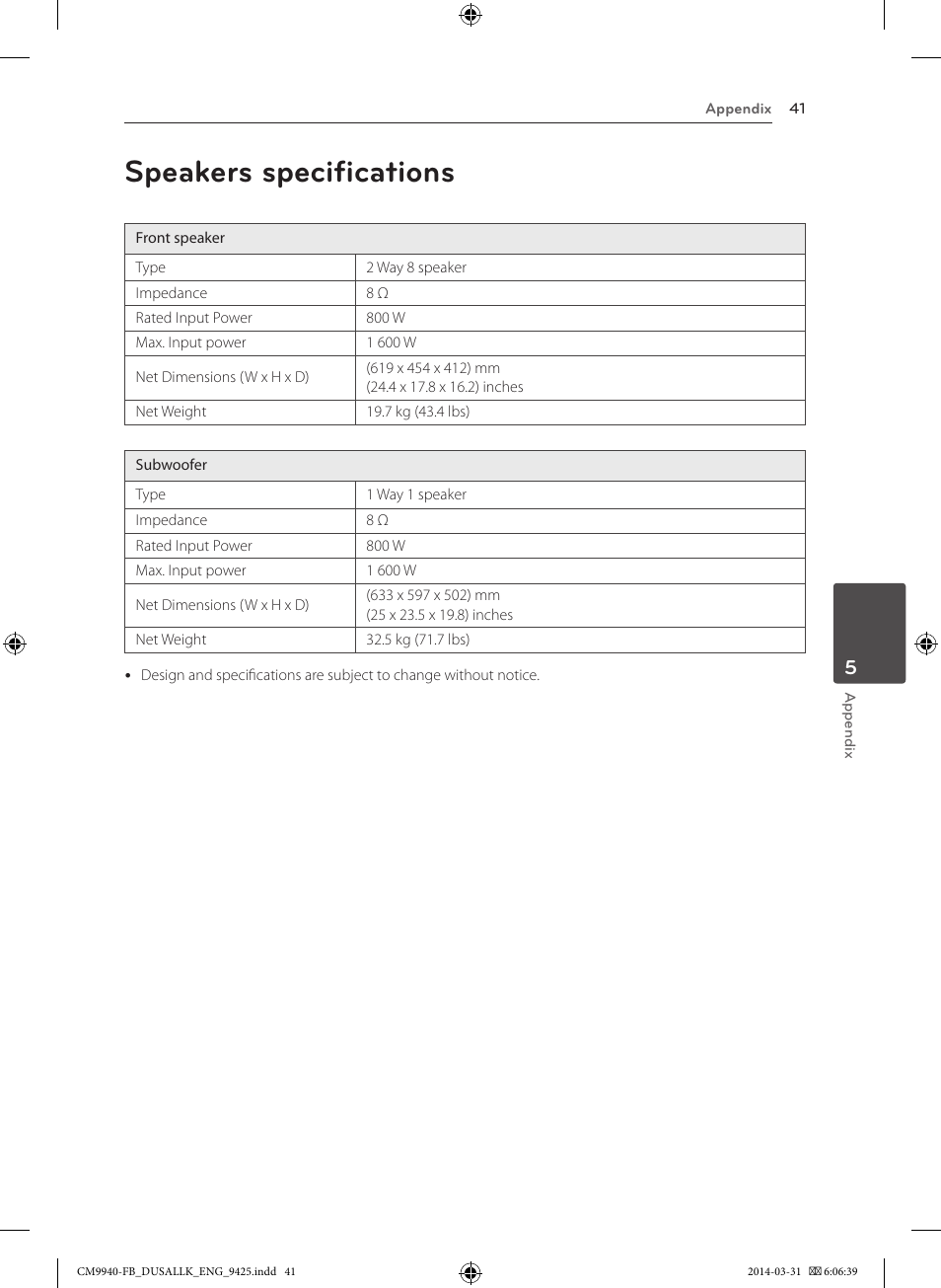 Speakers specifications | LG CM9940 User Manual | Page 41 / 44