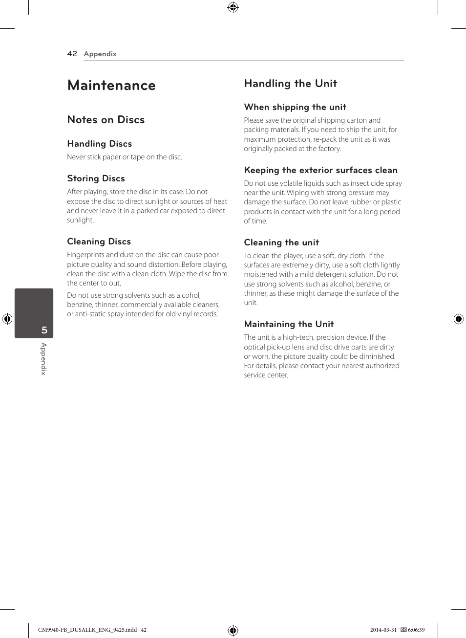 Maintenance, Handling the unit | LG CM9940 User Manual | Page 42 / 44