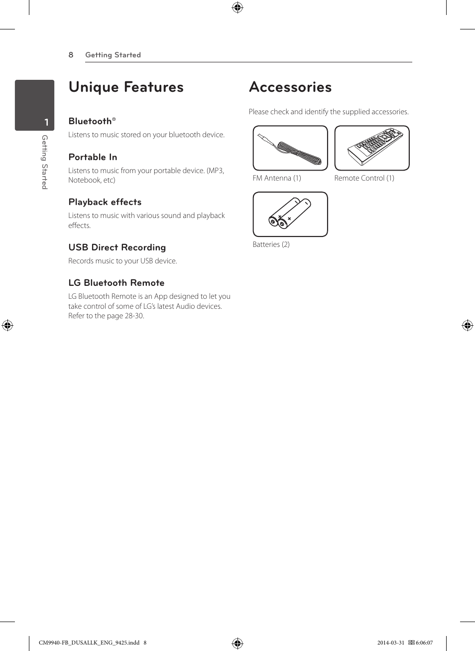 Unique features, Accessories | LG CM9940 User Manual | Page 8 / 44
