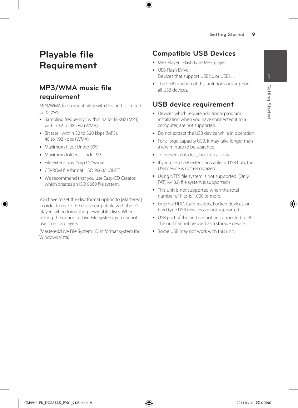 Playable file requirement, Mp3/wma music file requirement, Compatible usb devices | Usb device requirement | LG CM9940 User Manual | Page 9 / 44