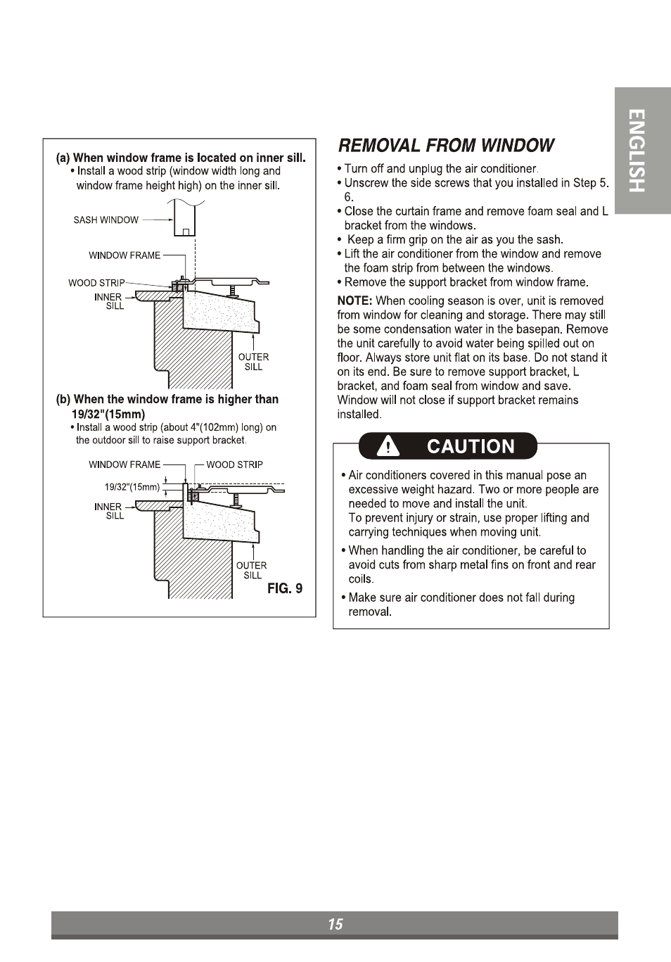 Removal from window, A caution, A) when window frame is iocated on inner siii | LG LP6011ER User Manual | Page 15 / 39