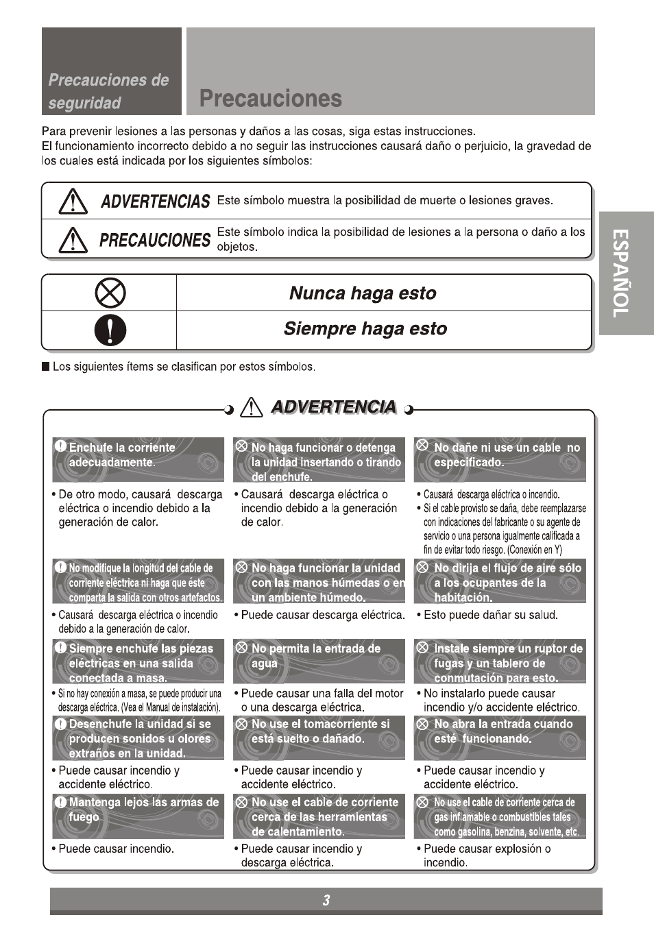 F\ precauciones, Precauciones, J д advertencia j | LG LP6011ER User Manual | Page 21 / 39