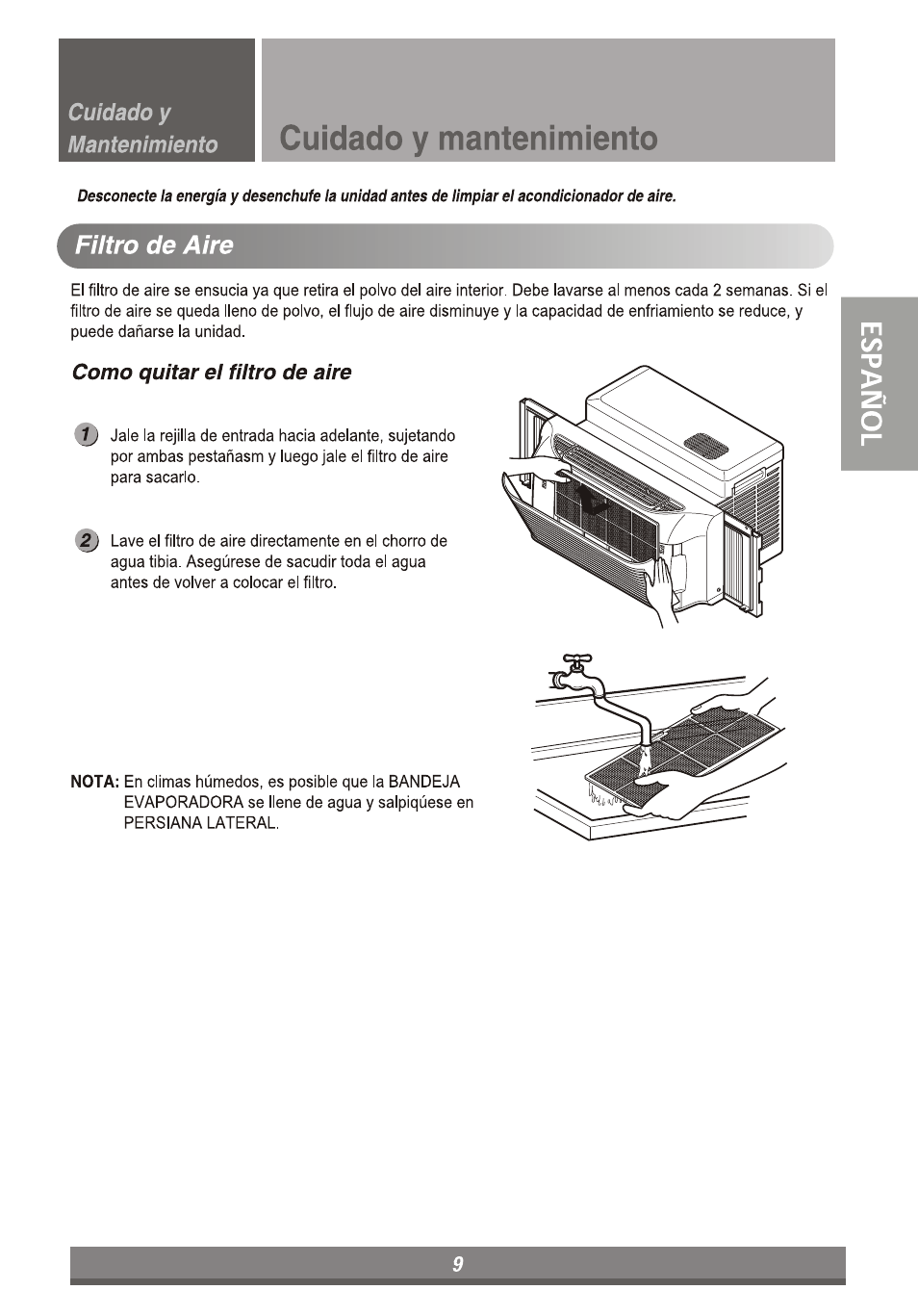 Cuidado у mantenimiento, Filtro de aire, Cuidado y mantenimiento | LG LP6011ER User Manual | Page 27 / 39