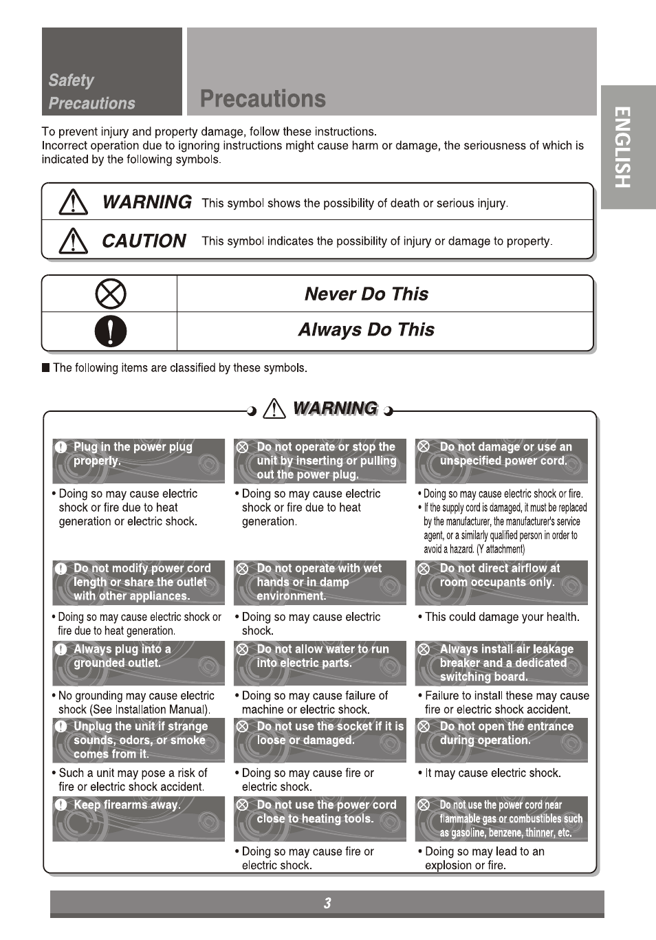 Precautions, Safety precautions, F\ warning | F\ caution, Never do this, Always do this, J a warning j | LG LP6011ER User Manual | Page 3 / 39