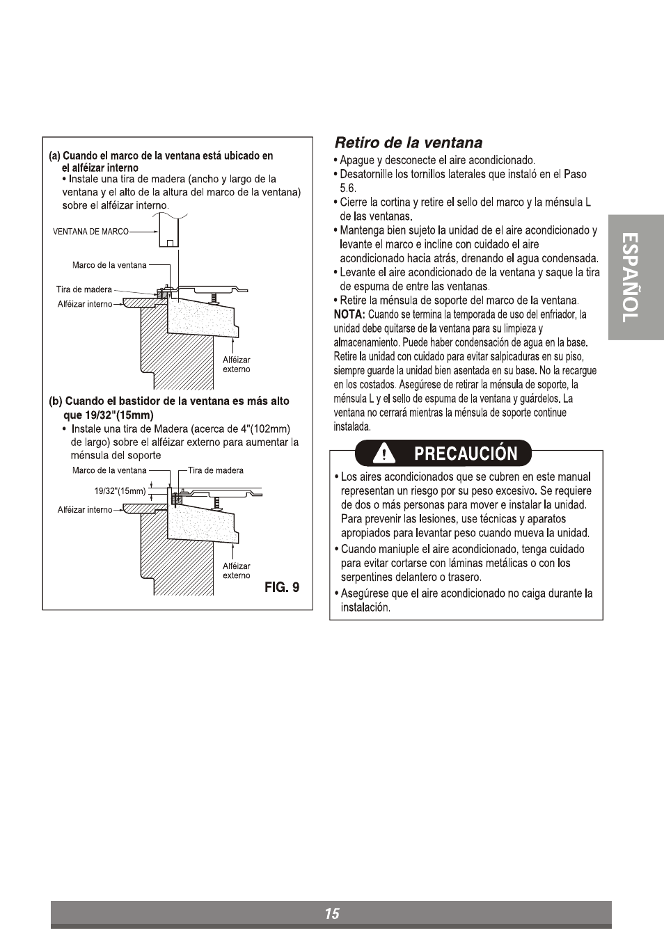 A precaución, Nota, Retiro de la ventana | LG LP6011ER User Manual | Page 33 / 39