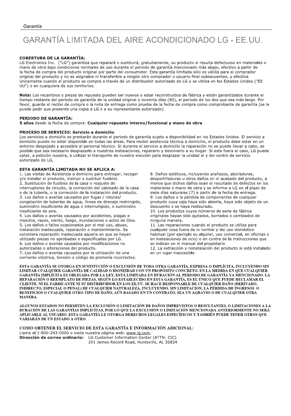 Garantía | LG LP6011ER User Manual | Page 37 / 39
