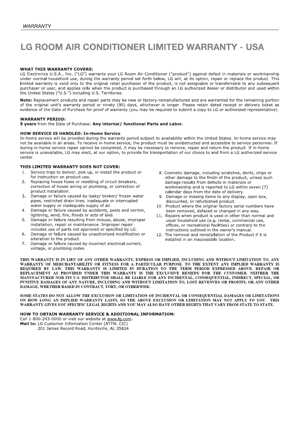 Lg room air conditioner limited warranty - usa, Warranty | LG LP6011ER User Manual | Page 38 / 39