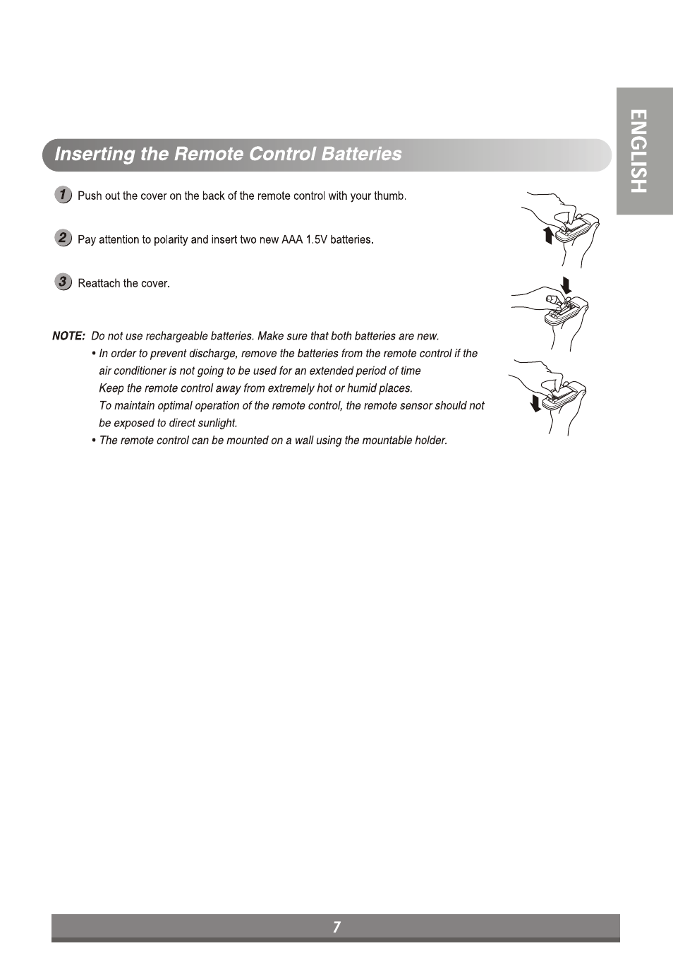 Inserting the remote control batteries | LG LP6011ER User Manual | Page 7 / 39