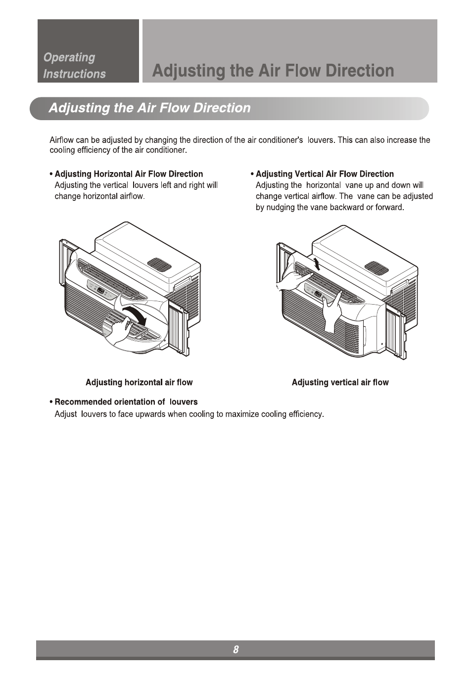 Adjusting the air flow direction, Adjusting the air fiow direction | LG LP6011ER User Manual | Page 8 / 39