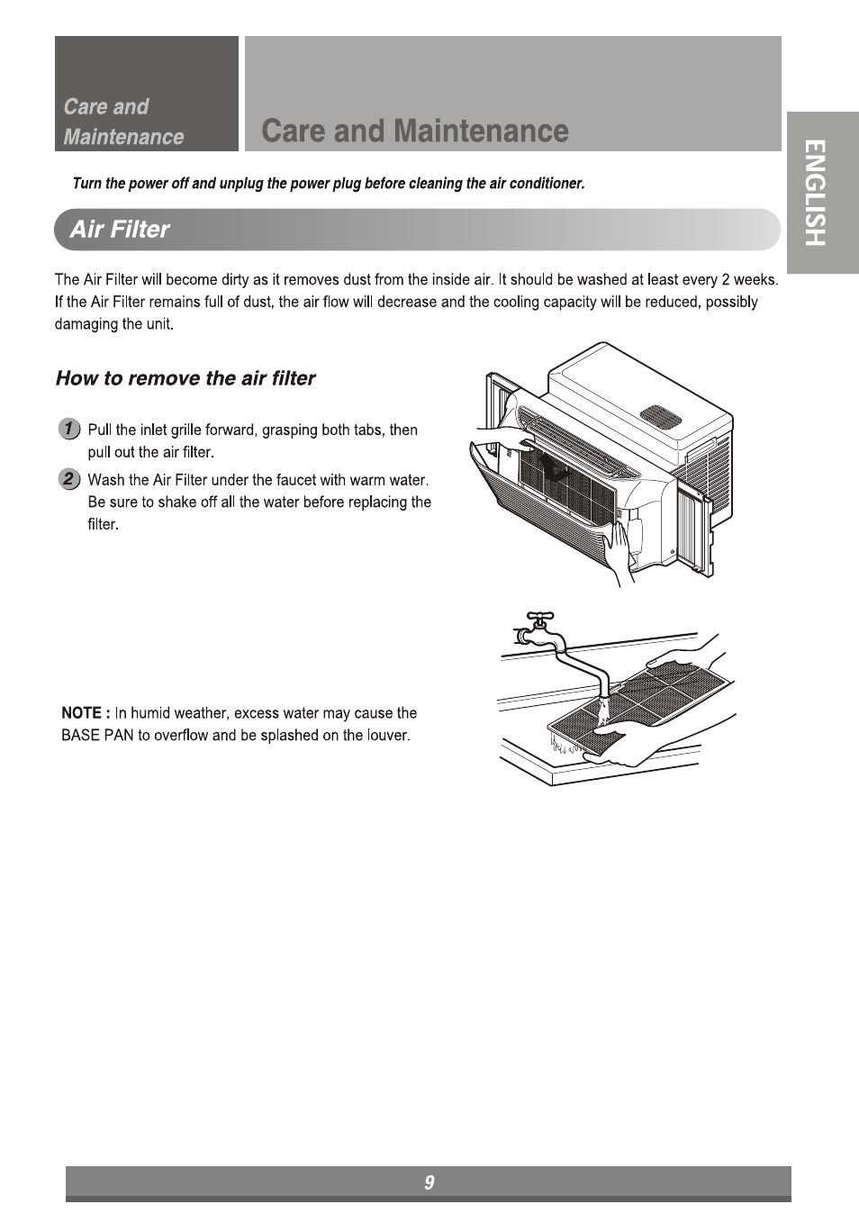 Care and maintenance, Air filter | LG LP6011ER User Manual | Page 9 / 39