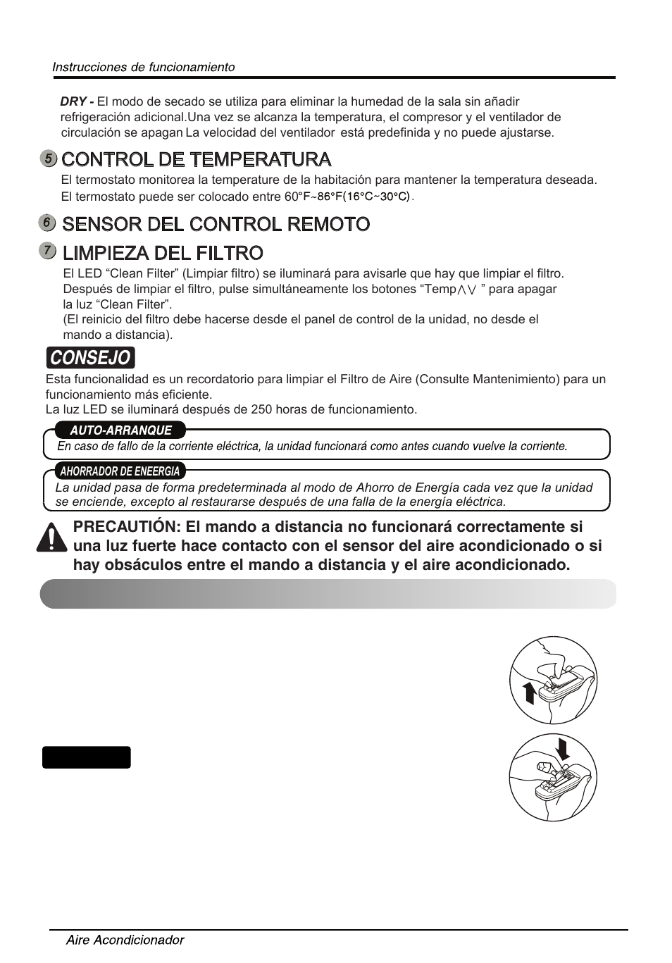 Insertar las batería del control remoto, Consejo, Control de temperatura | Sensor del control remoto, Limpieza del filtro | LG LW2514ER User Manual | Page 40 / 48