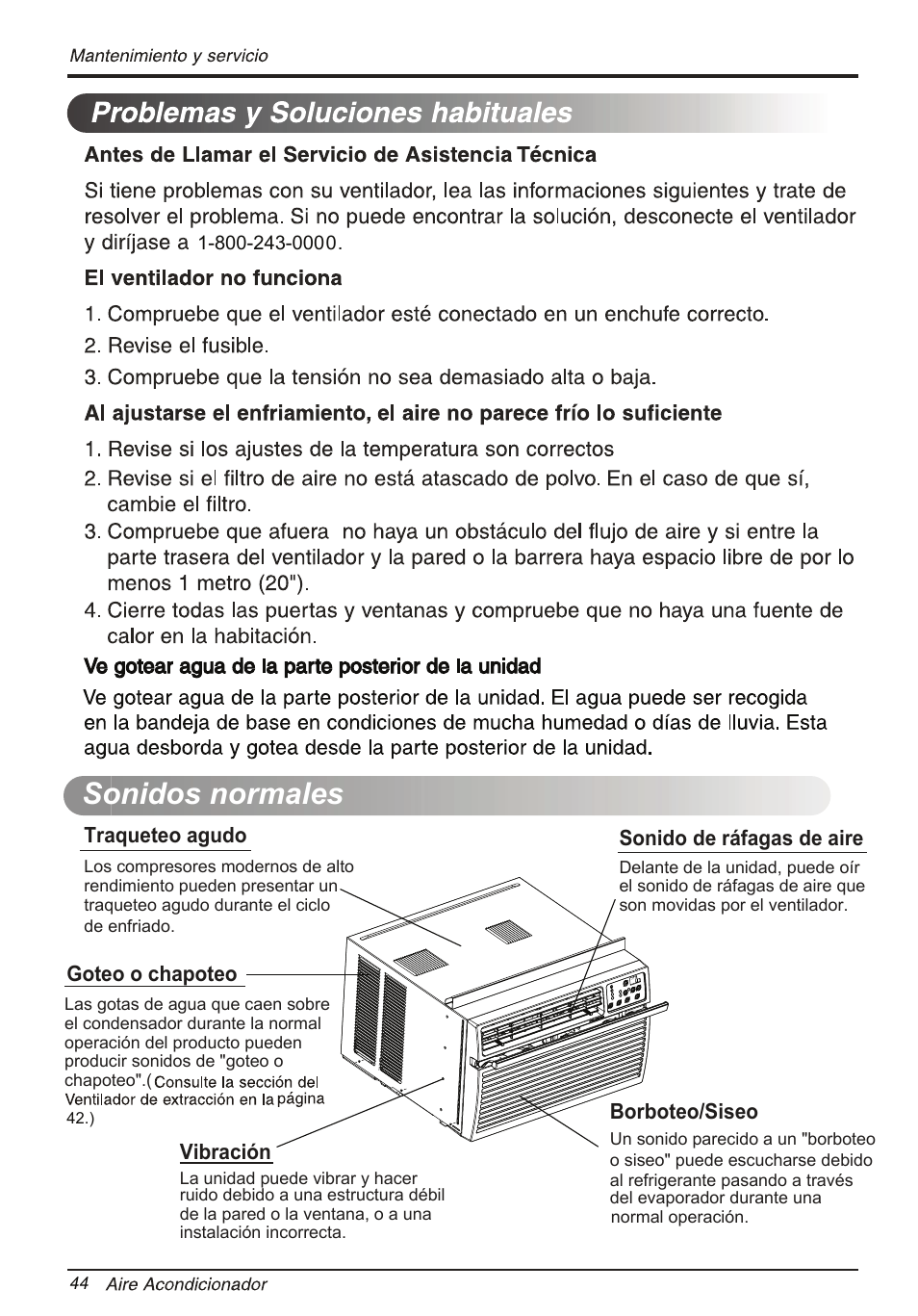 Sonidos normales, Sonido de ráfagas de aire, Borboteo/siseo | Traqueteo agudo, Vibración, Goteo o chapoteo | LG LW2514ER User Manual | Page 44 / 48