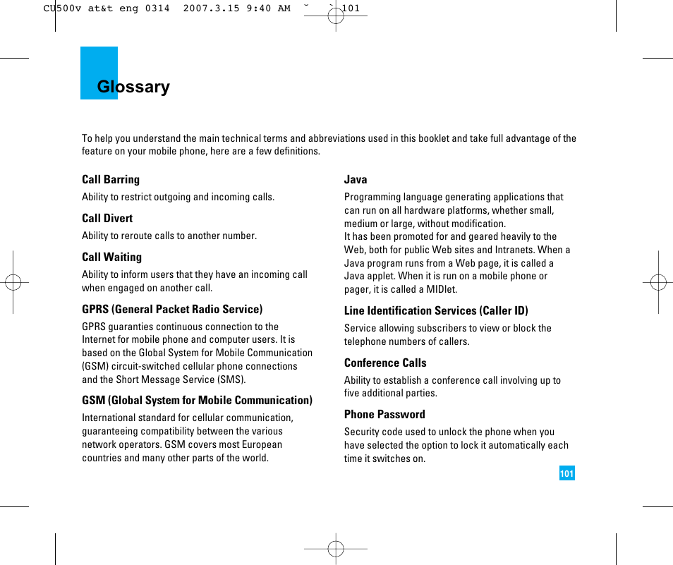 Glossary | LG CU500V User Manual | Page 105 / 230