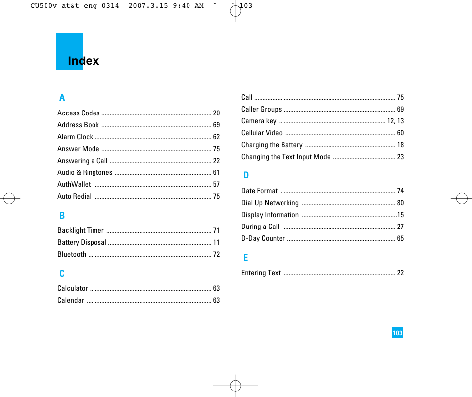 Index | LG CU500V User Manual | Page 107 / 230