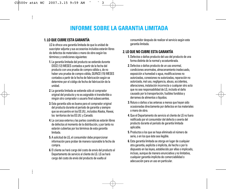 Informe sobre la garantia limitada | LG CU500V User Manual | Page 117 / 230