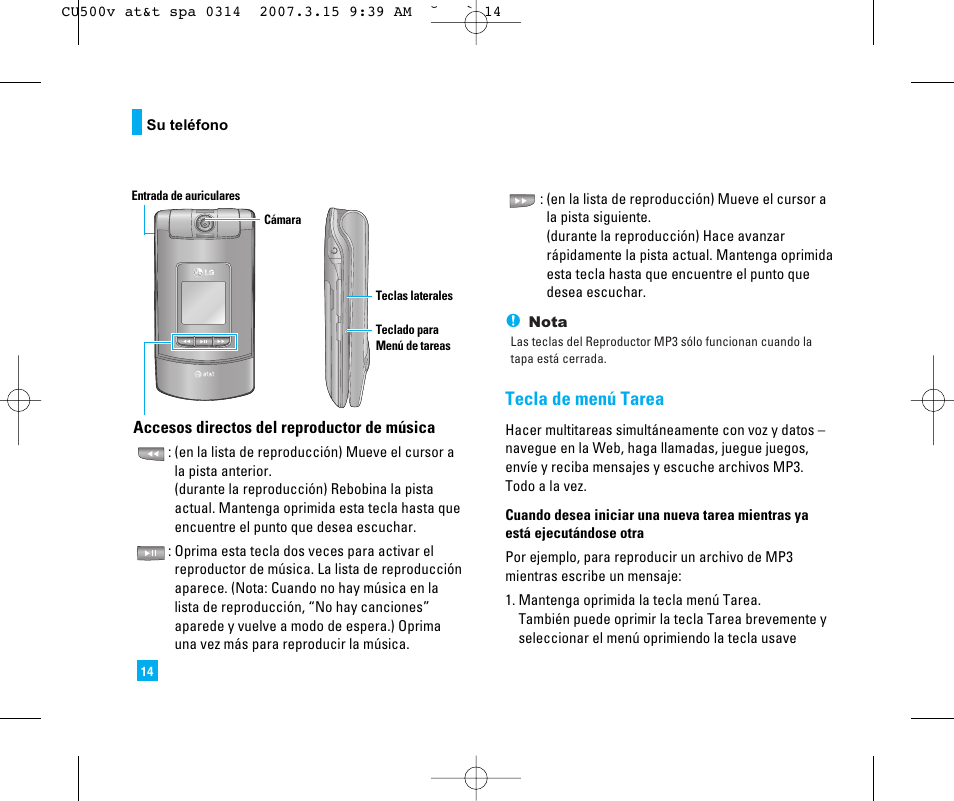 Tecla de menú tarea | LG CU500V User Manual | Page 132 / 230