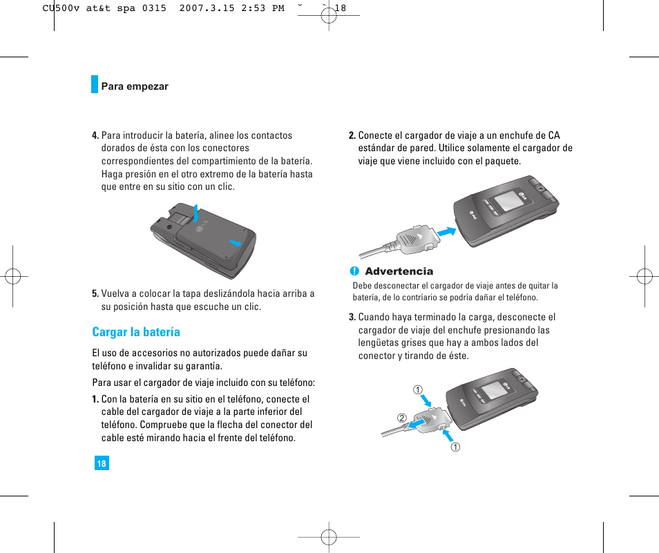 Cargar la batería | LG CU500V User Manual | Page 136 / 230