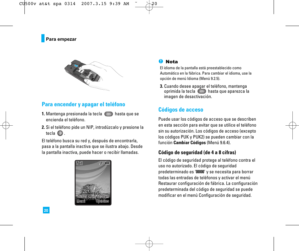 Para encender y apagar el teléfono, Códigos de acceso | LG CU500V User Manual | Page 138 / 230