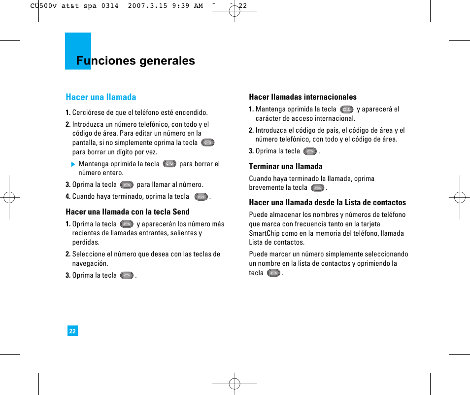 Funciones generales, Hacer una llamada | LG CU500V User Manual | Page 140 / 230