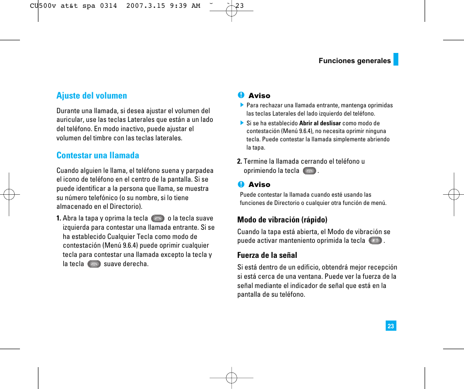 Ajuste del volumen, Contestar una llamada | LG CU500V User Manual | Page 141 / 230