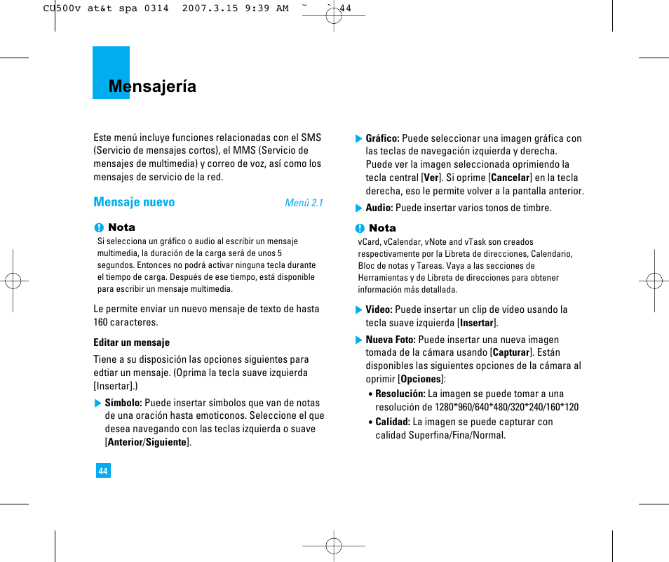 Mensajería, Mensaje nuevo | LG CU500V User Manual | Page 162 / 230