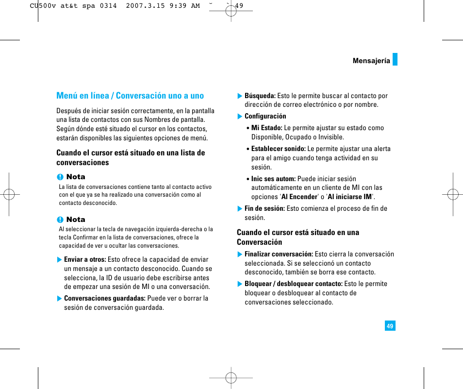 Menú en línea / conversación uno a uno | LG CU500V User Manual | Page 167 / 230