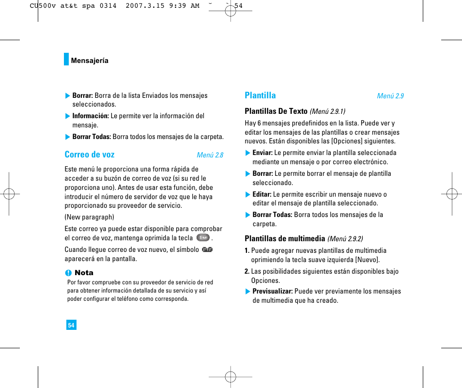 Correo de voz, Plantilla | LG CU500V User Manual | Page 172 / 230