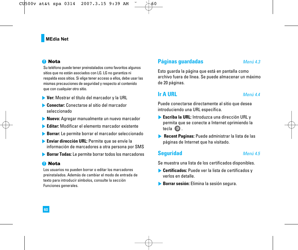 Páginas guardadas, Ir a url, Seguridad | LG CU500V User Manual | Page 178 / 230