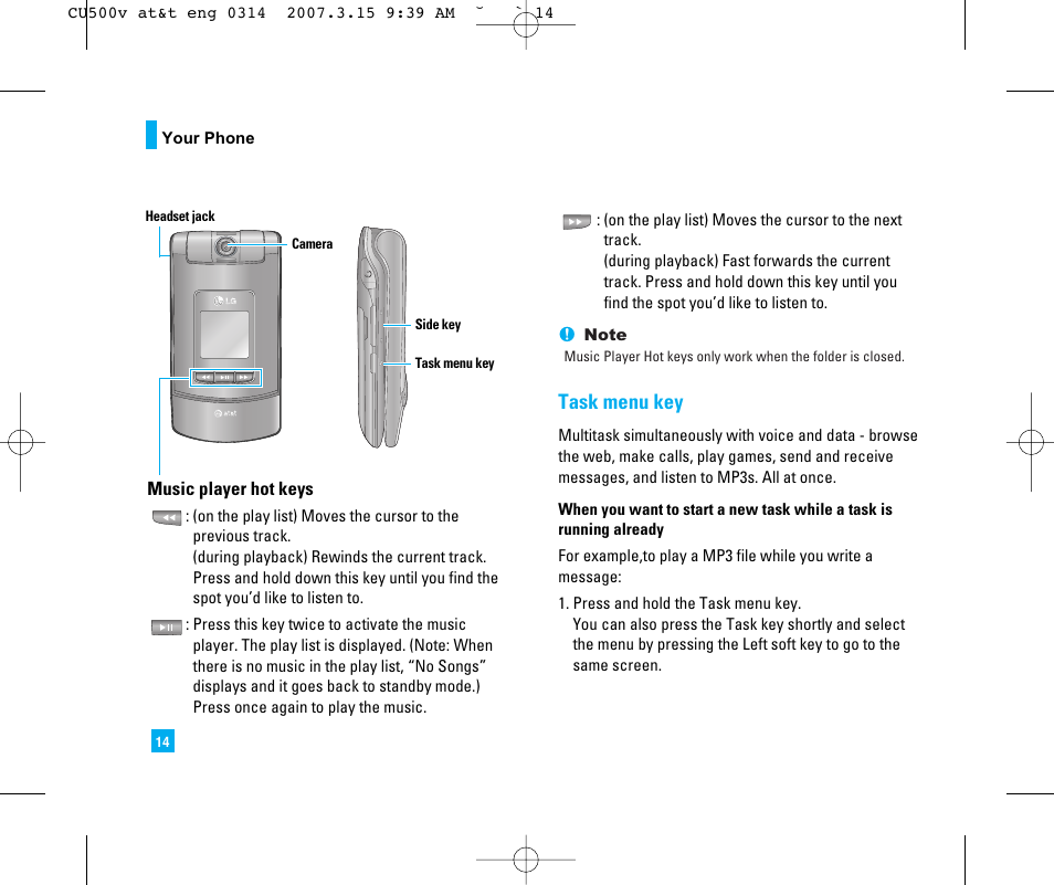 Task menu key | LG CU500V User Manual | Page 18 / 230