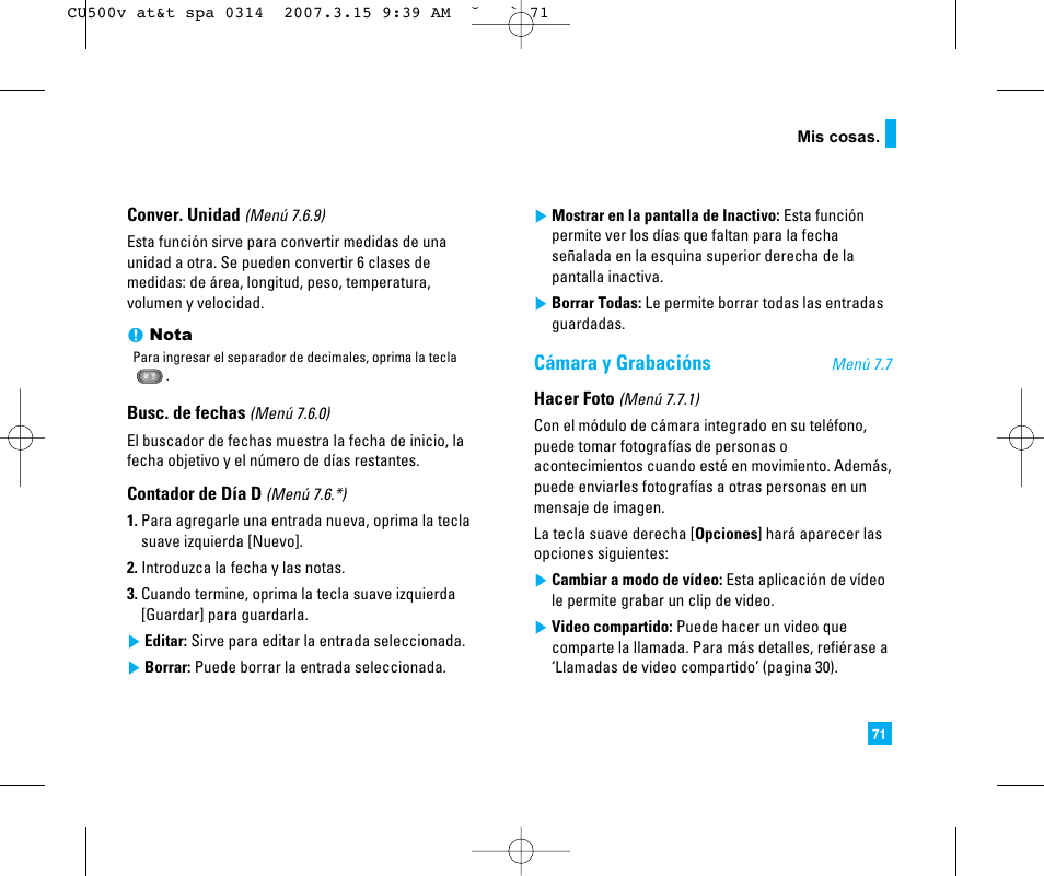 Cámara y grabacións | LG CU500V User Manual | Page 189 / 230