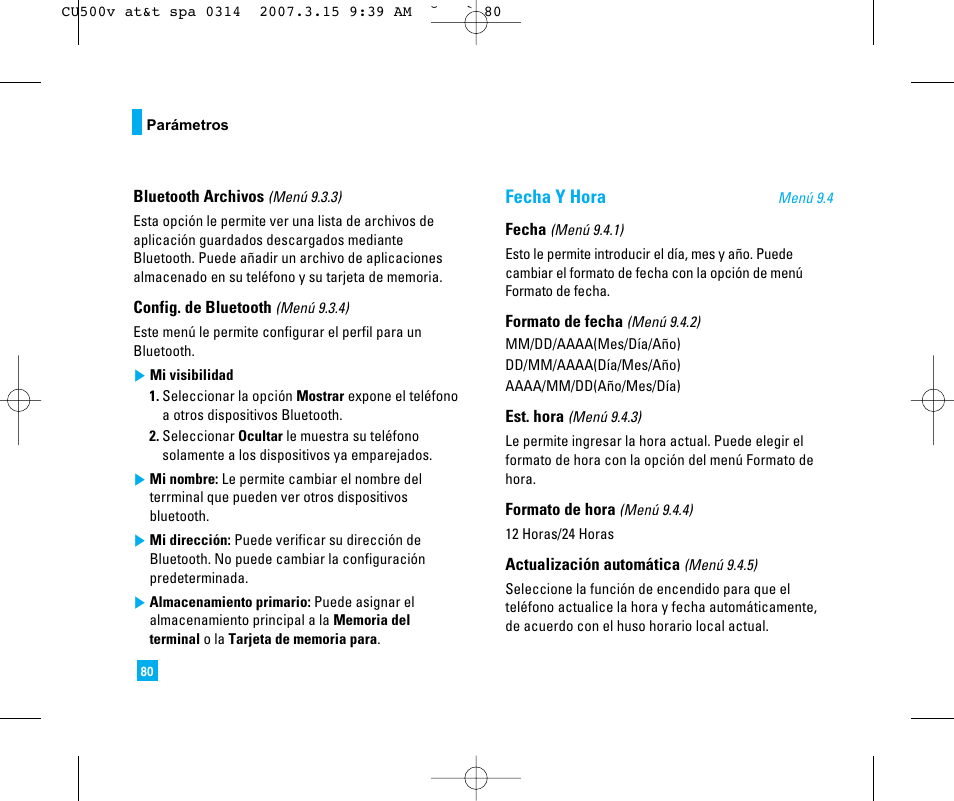 Fecha y hora | LG CU500V User Manual | Page 198 / 230