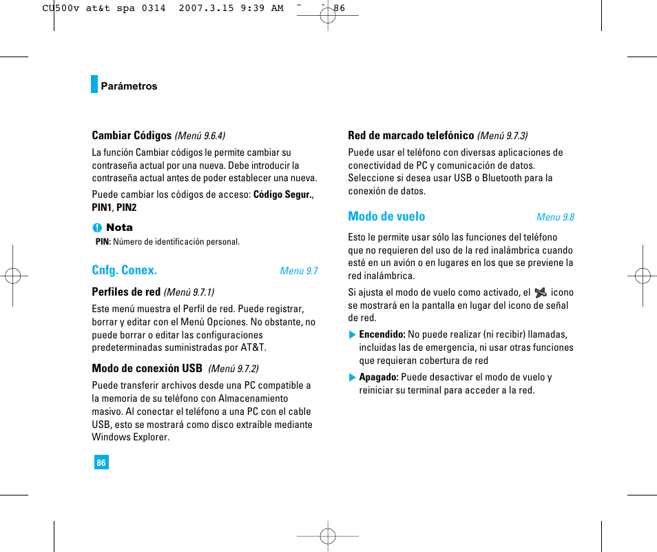 Cnfg. conex, Modo de vuelo | LG CU500V User Manual | Page 204 / 230