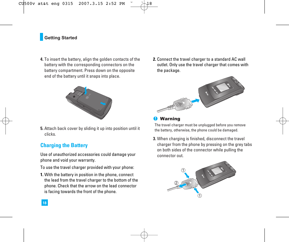 Charging the battery | LG CU500V User Manual | Page 22 / 230