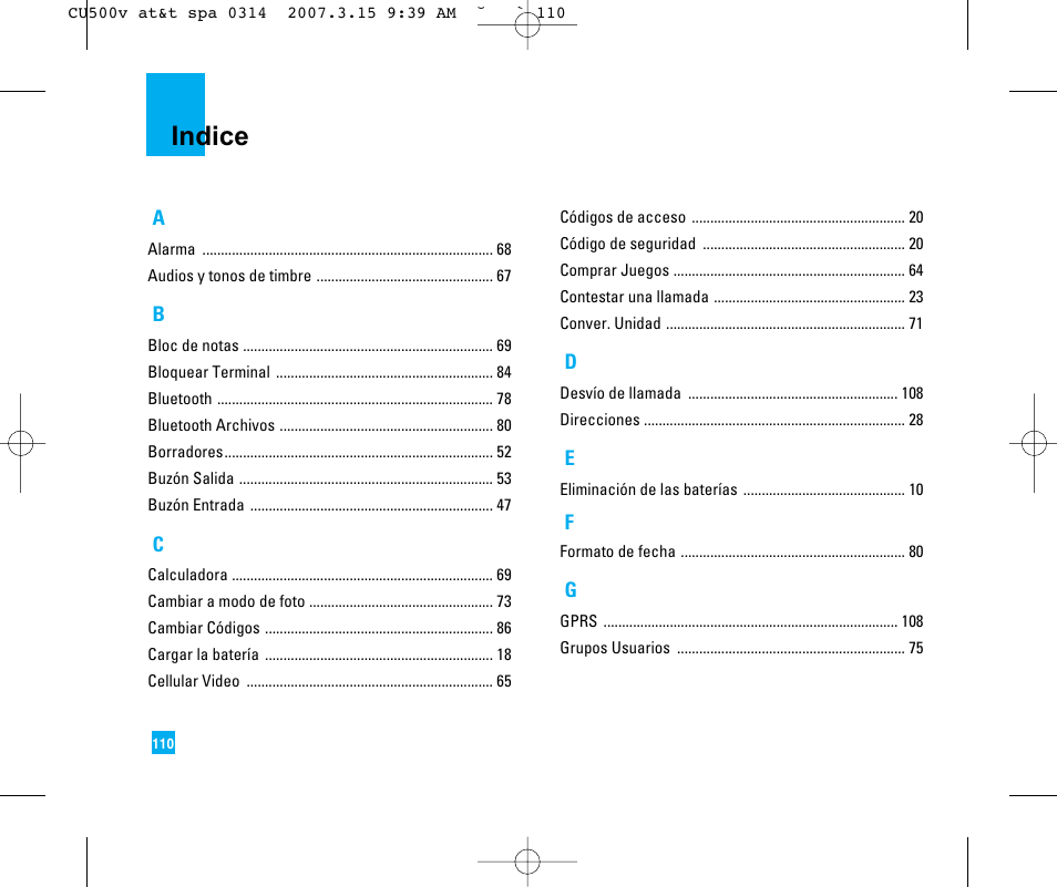 Indice | LG CU500V User Manual | Page 228 / 230