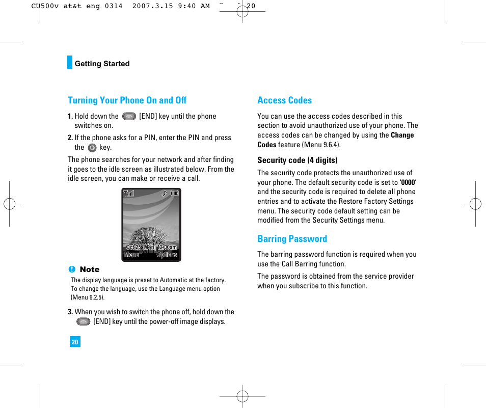 Turning your phone on and off, Access codes, Barring password | LG CU500V User Manual | Page 24 / 230