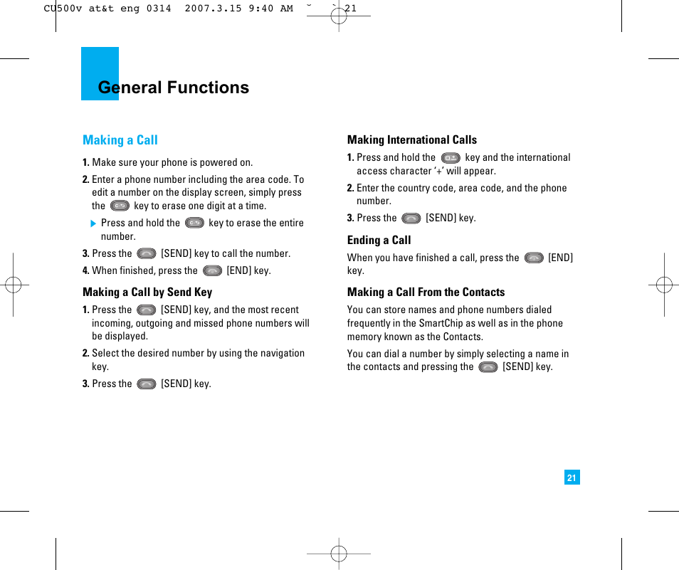 General functions, Making a call | LG CU500V User Manual | Page 25 / 230