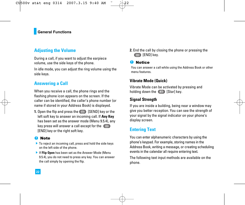 Adjusting the volume, Answering a call, Entering text | LG CU500V User Manual | Page 26 / 230