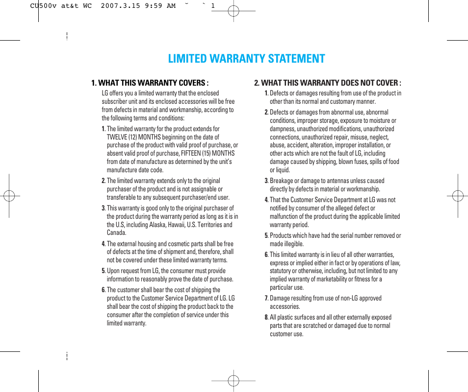 Limited warranty statement | LG CU500V User Manual | Page 3 / 230