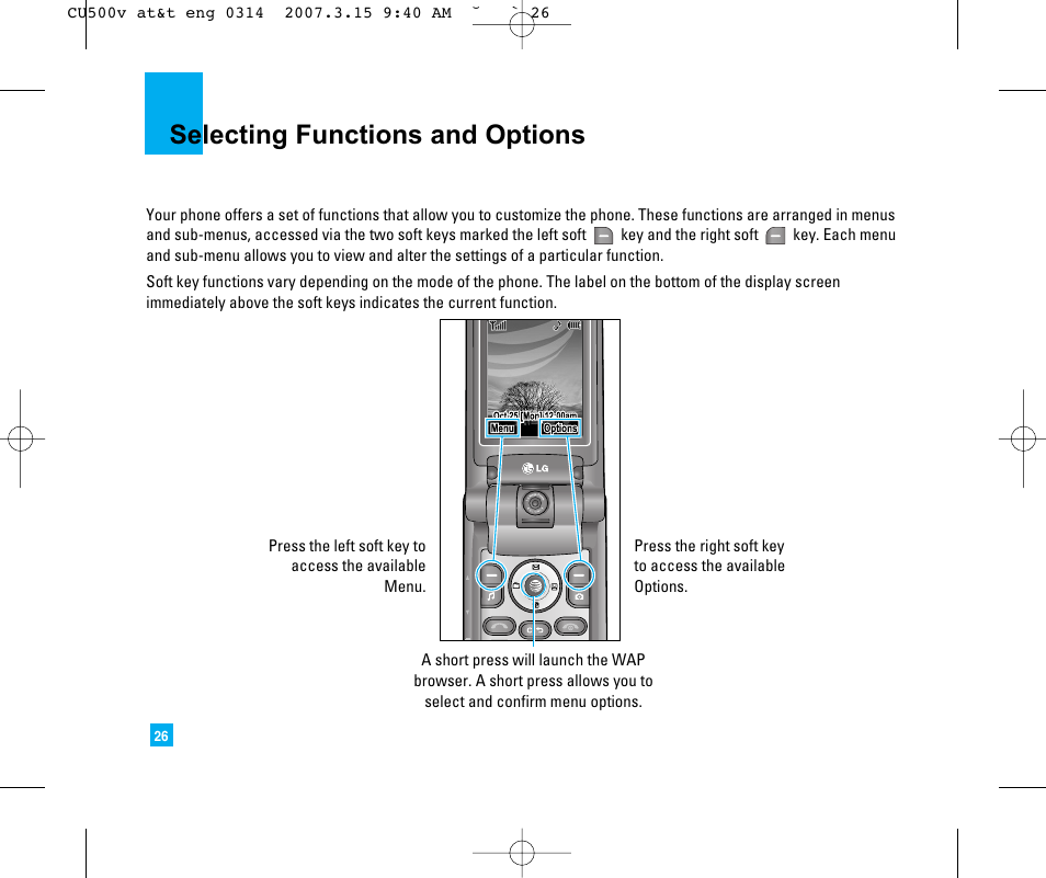 Selecting functions and options | LG CU500V User Manual | Page 30 / 230