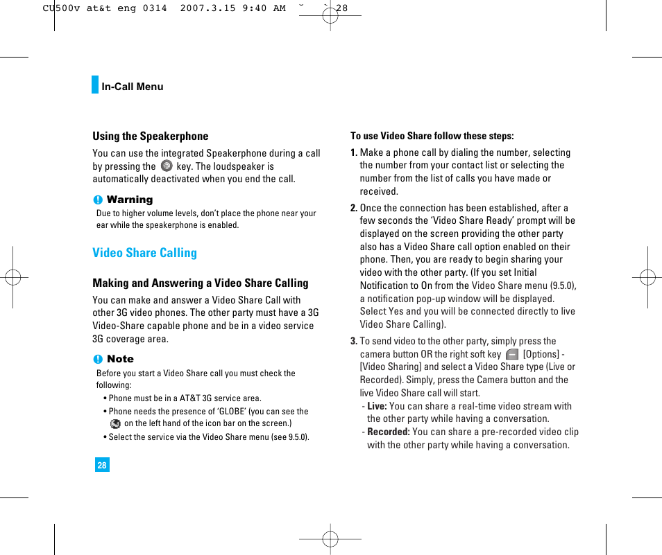 Video share calling | LG CU500V User Manual | Page 32 / 230