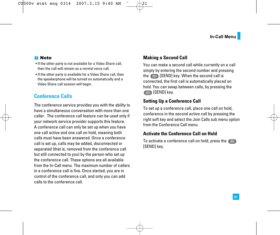 Conference calls | LG CU500V User Manual | Page 35 / 230