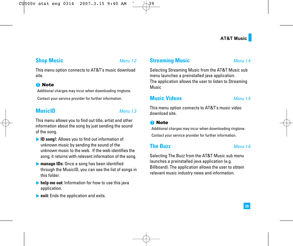 Shop music, Musicid, Streaming music | Music videos, The buzz | LG CU500V User Manual | Page 43 / 230