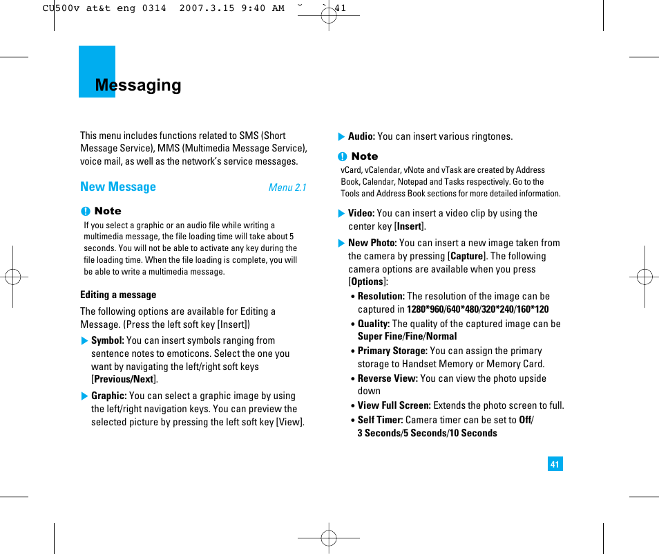 Messaging, New message | LG CU500V User Manual | Page 45 / 230