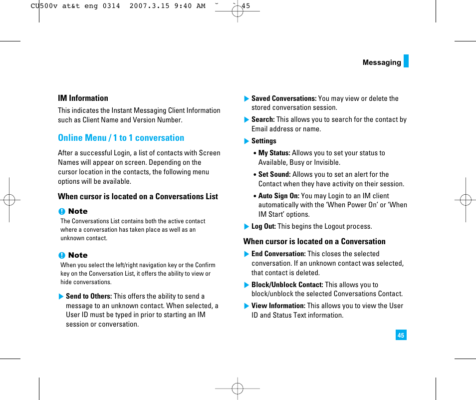 Online menu / 1 to 1 conversation | LG CU500V User Manual | Page 49 / 230